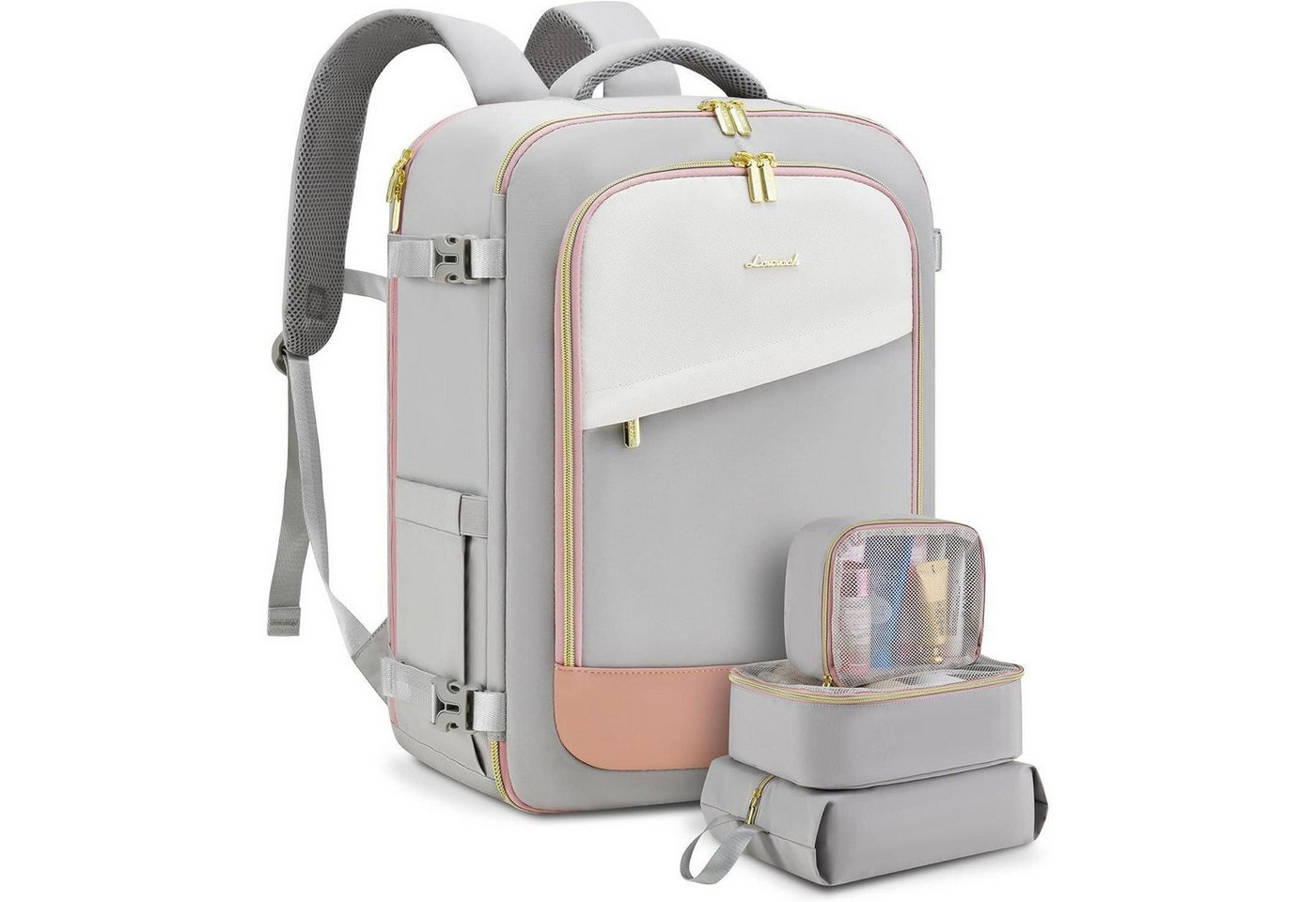 LuxusKollektion Reiserucksack Rucksack Handgepäck wasserdicht Schuhfach 17.3inch 40L Grau rosa beige von LuxusKollektion