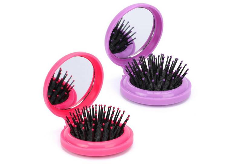 LuxusKollektion Rundbürste Runde Faltbare Reise Haarbürste mit Spiegel 2er Pack lila/rosa von LuxusKollektion