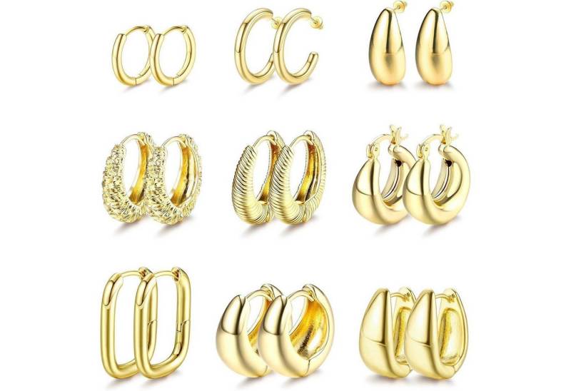 LuxusKollektion Schmuckset 9 Paar Goldene Creolen Ohrringe Set Damen Mädchen 14K Vergoldet Chunky von LuxusKollektion