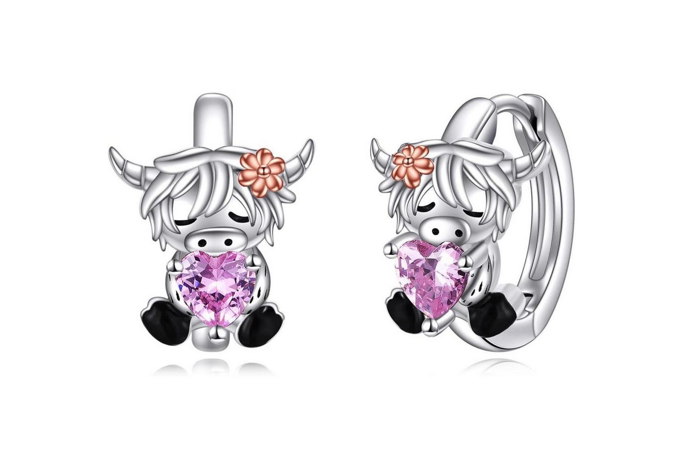 LuxusKollektion Schmuckset Creolen Ohrringe 925 Silber Rosa Zirkonia Tier Damen Hochlandkuh von LuxusKollektion