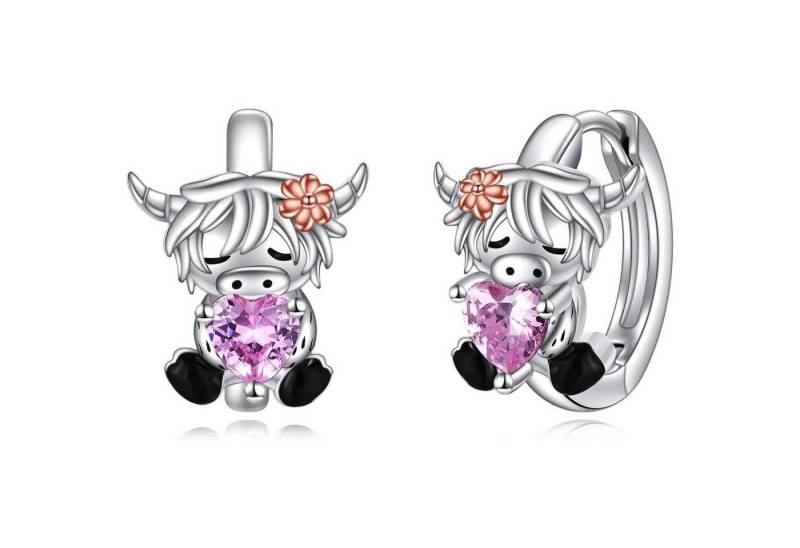 LuxusKollektion Schmuckset Creolen Ohrringe 925 Silber Rosa Zirkonia Tier Damen Hochlandkuh von LuxusKollektion