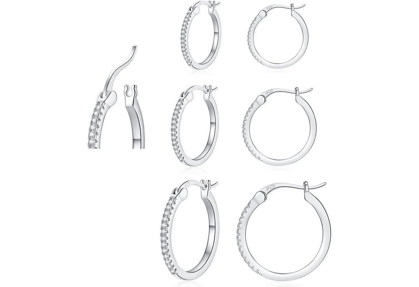 LuxusKollektion Schmuckset Creolen Silber Gold 3 Paar Damen Zirkonia 13mm cz1#Silber 13+15+20mm von LuxusKollektion