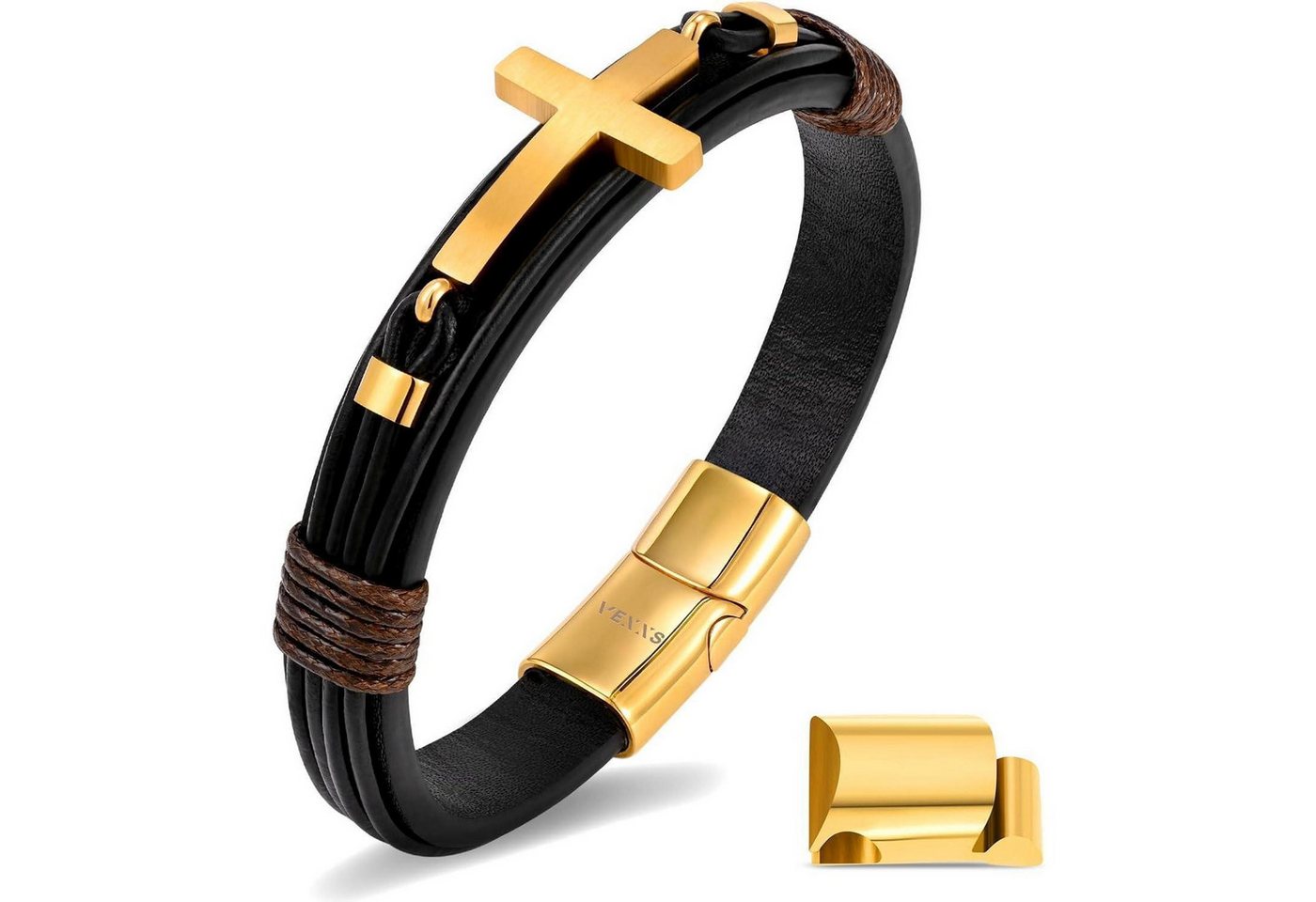 LuxusKollektion Schmuckset Lederarmband Herren Braun Schwarz Schmuck Kreuz-Golden 19.0 Zentimeter von LuxusKollektion