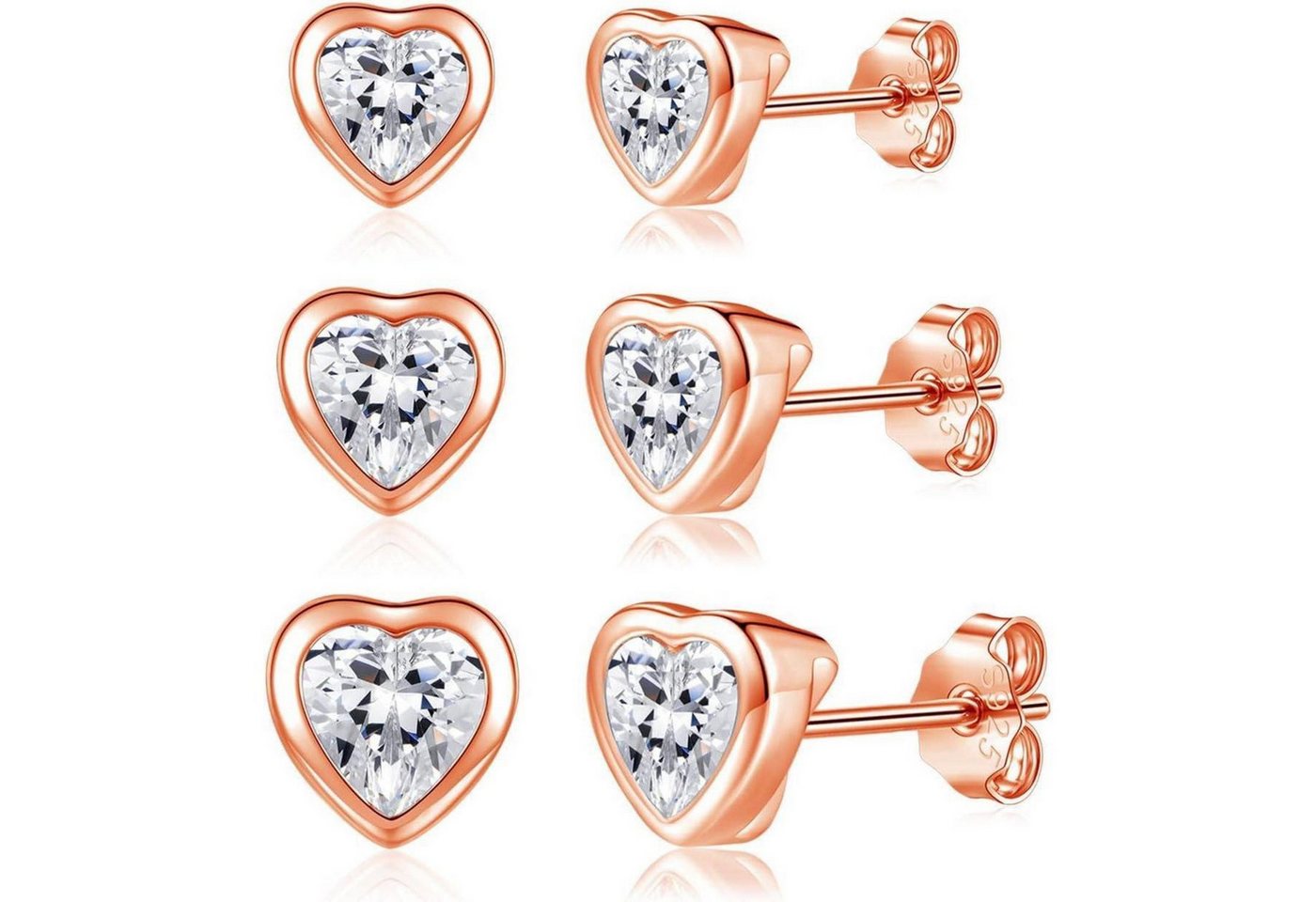 LuxusKollektion Schmuckset Ohrstecker Silber 925 Zirkonia 3 Paare Damen Herz Herz- Rosegold von LuxusKollektion