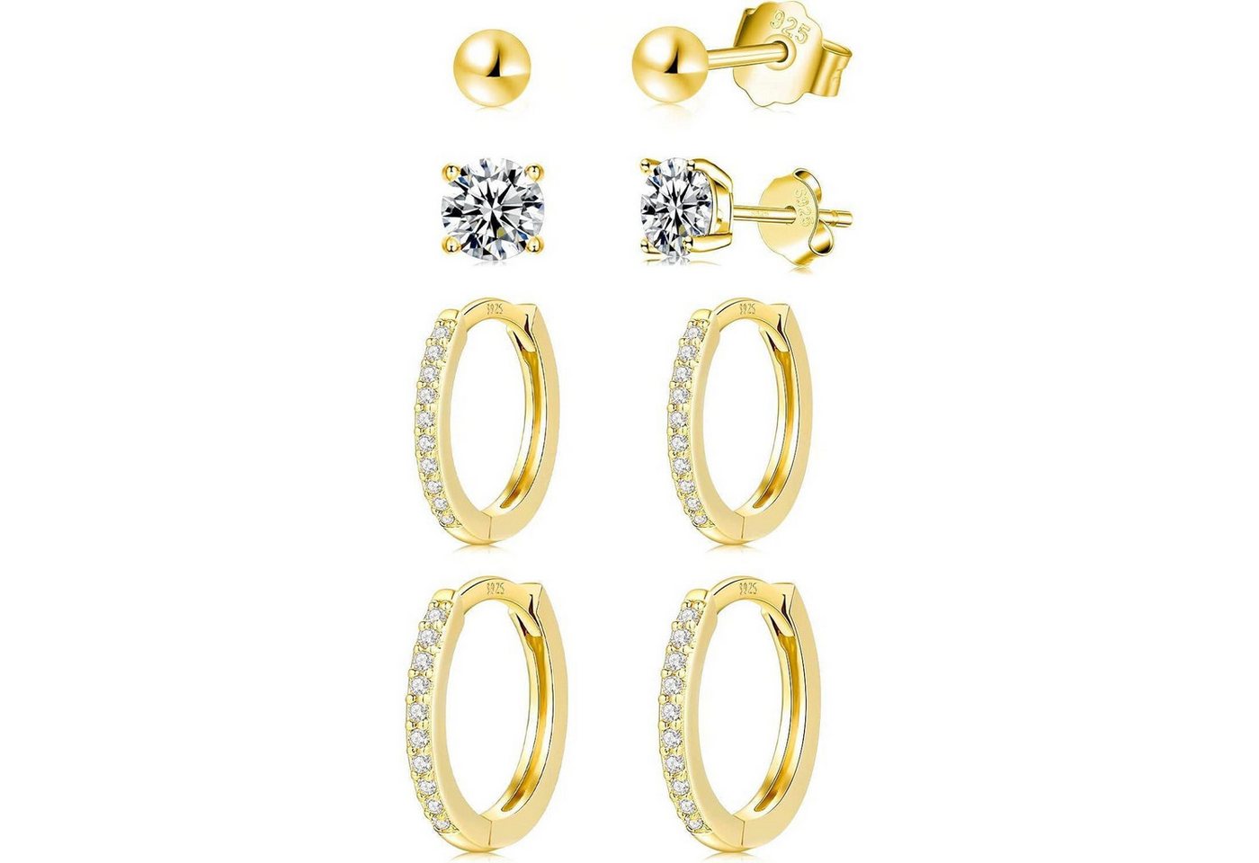 LuxusKollektion Schmuckset Ohrstecker Silber 925 Zirkonia 4 Paar Damen Set Gold von LuxusKollektion