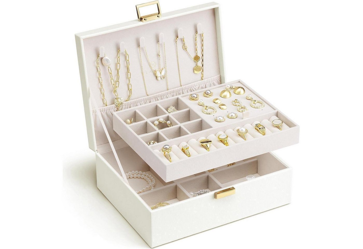 LuxusKollektion Schmuckset Schmuckkästchen 2 Ebenen Box Damen Ringe Ohrringe Beige-hellgelb von LuxusKollektion