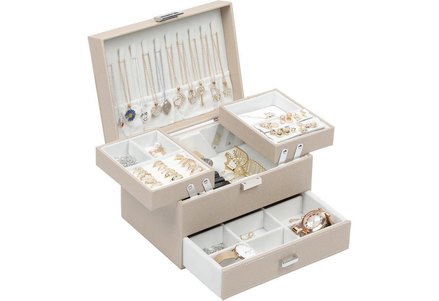 LuxusKollektion Schmuckset Schmuckkästchen 3 Ebenen PU Leder Geschenkbox Mädchen Champagnerfarben von LuxusKollektion