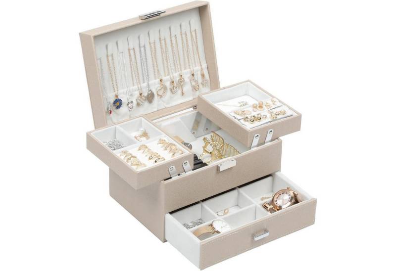 LuxusKollektion Schmuckset Schmuckkästchen 3 Ebenen PU Leder Geschenkbox Mädchen Champagnerfarben von LuxusKollektion