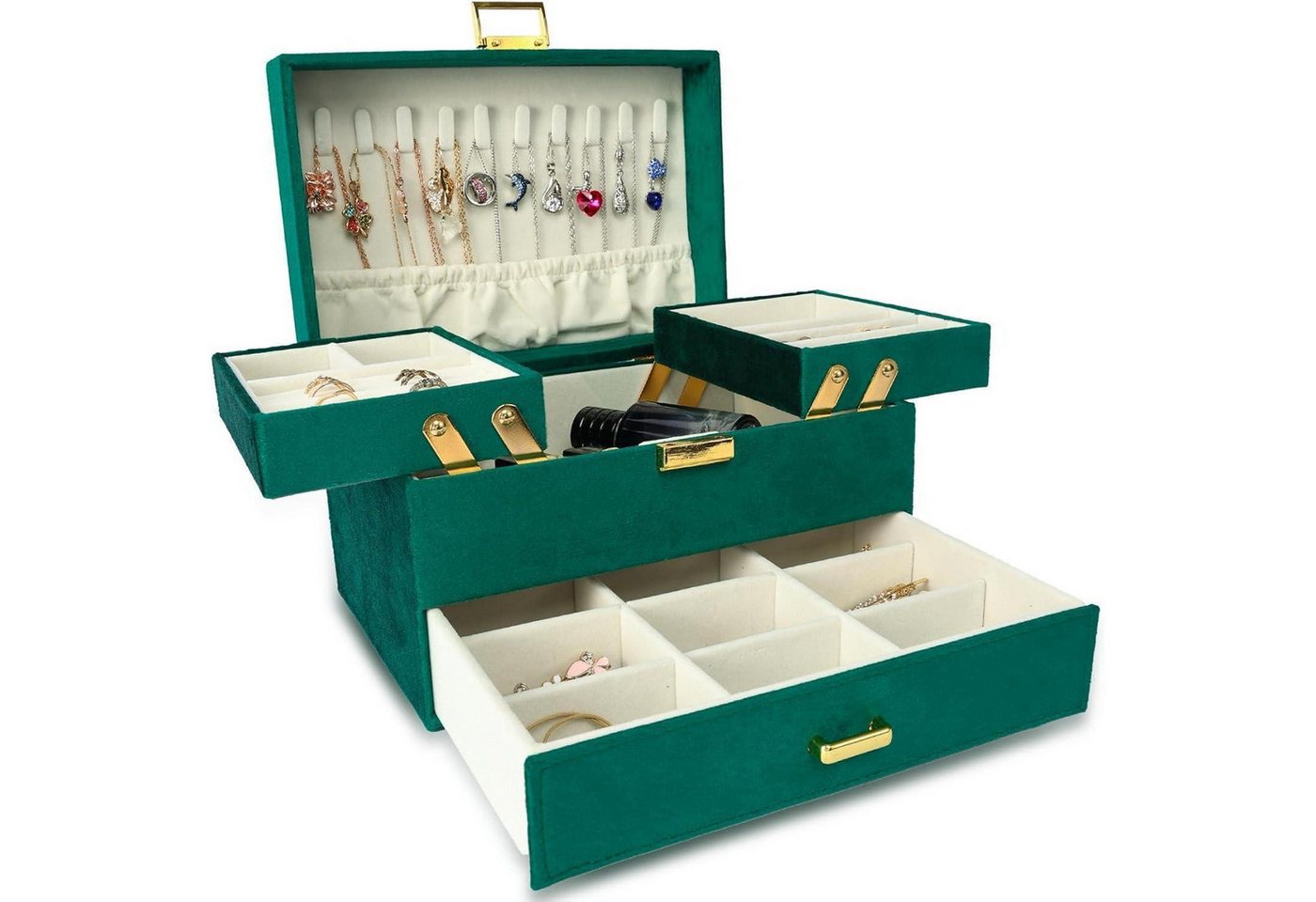 LuxusKollektion Schmuckset Schmuckkästchen 3 Ebenen Samt Valentinstag Muttertag Grün von LuxusKollektion
