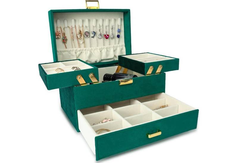 LuxusKollektion Schmuckset Schmuckkästchen 3 Ebenen Samt Valentinstag Muttertag Grün von LuxusKollektion