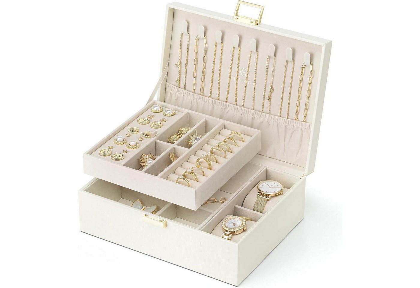 LuxusKollektion Schmuckset Schmuckkästchen Damen 2 Ebenen Leder Uhrenkissen Ringe Beige von LuxusKollektion