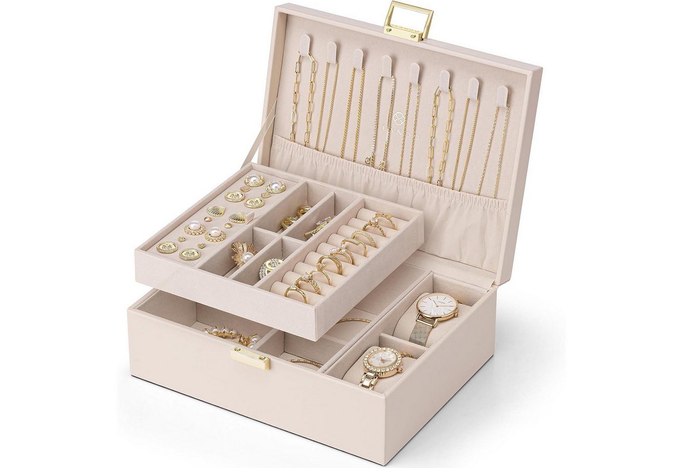 LuxusKollektion Schmuckset Schmuckkästchen Damen 2 Ebenen PU Leder Ringe Ohrringe Beige-rosa von LuxusKollektion