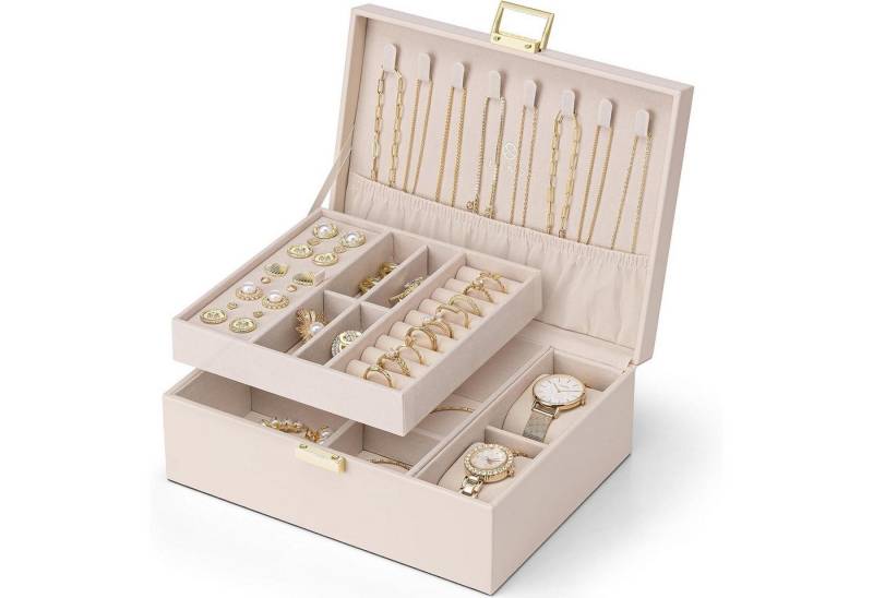 LuxusKollektion Schmuckset Schmuckkästchen Damen 2 Ebenen PU Leder Ringe Ohrringe Beige-rosa von LuxusKollektion