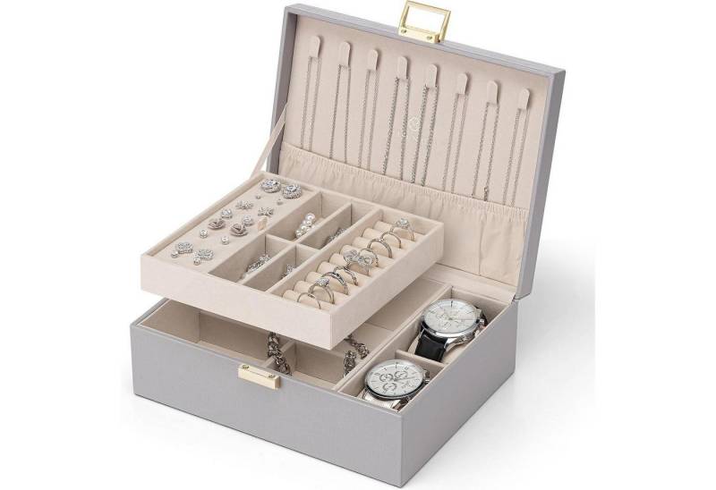 LuxusKollektion Schmuckset Schmuckkästchen Damen 2 Ebenen PU Leder Ringe Ohrringe Grau von LuxusKollektion
