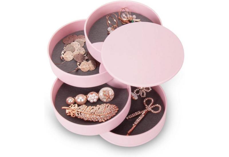 LuxusKollektion Schmuckset Schmuckkästchen Damen 4 Ebenen Ringe Ohrringe Halskette 10cm Rund Rosa von LuxusKollektion