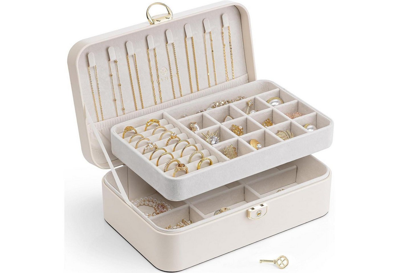LuxusKollektion Schmuckset Schmuckkästchen Damen Doppelschicht Abschließbar Ringe Beige weiß von LuxusKollektion