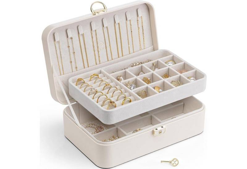 LuxusKollektion Schmuckset Schmuckkästchen Damen Doppelschicht Abschließbar Ringe Beige weiß von LuxusKollektion