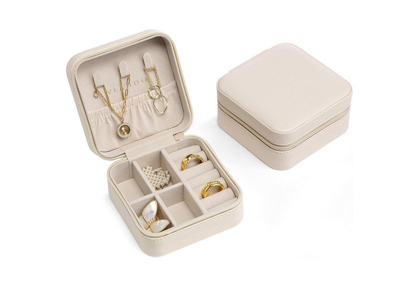 LuxusKollektion Schmuckset Schmuckkästchen Leder Reise Ohrringe Halsketten Ringe Damen Weiß von LuxusKollektion