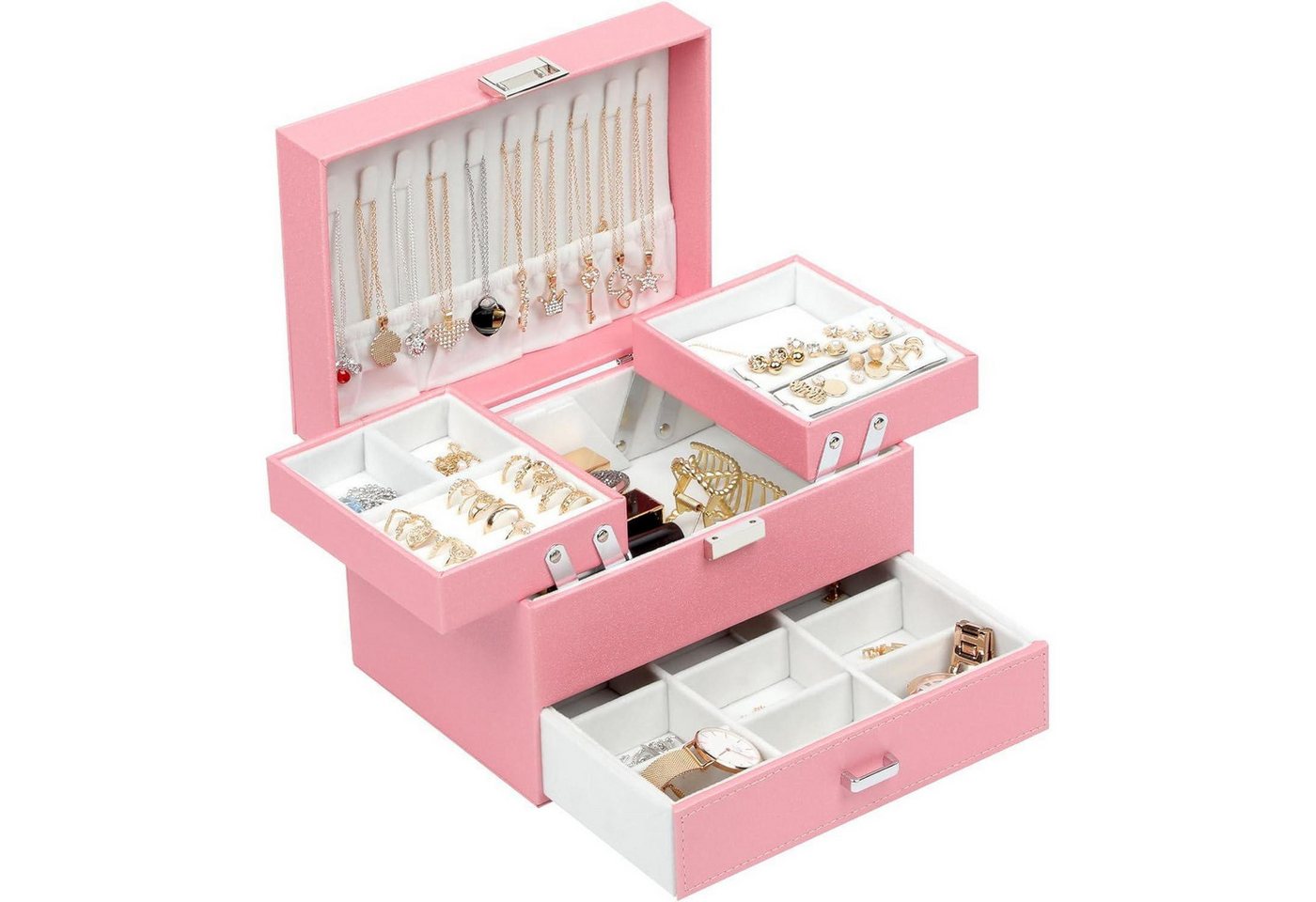 LuxusKollektion Schmuckset Schmuckkästchen Mädchen 3 Ebenen Geschenkbox Valentinstag Rosa von LuxusKollektion