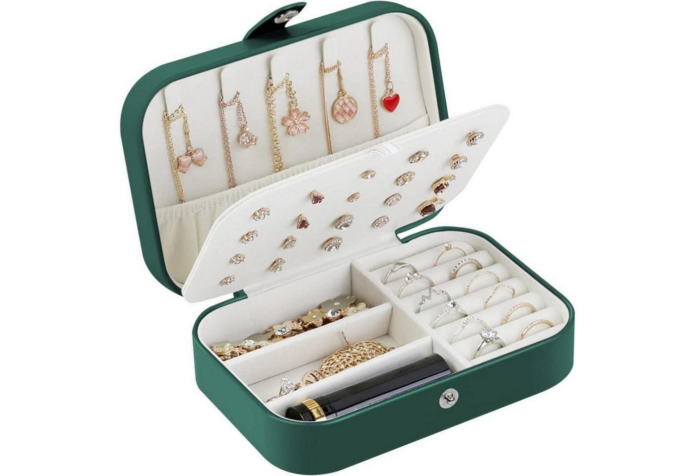 LuxusKollektion Schmuckset Schmuckkästchen Reise PU Leder Klein Damen Ringe Ohrringe Schwarzgrün von LuxusKollektion