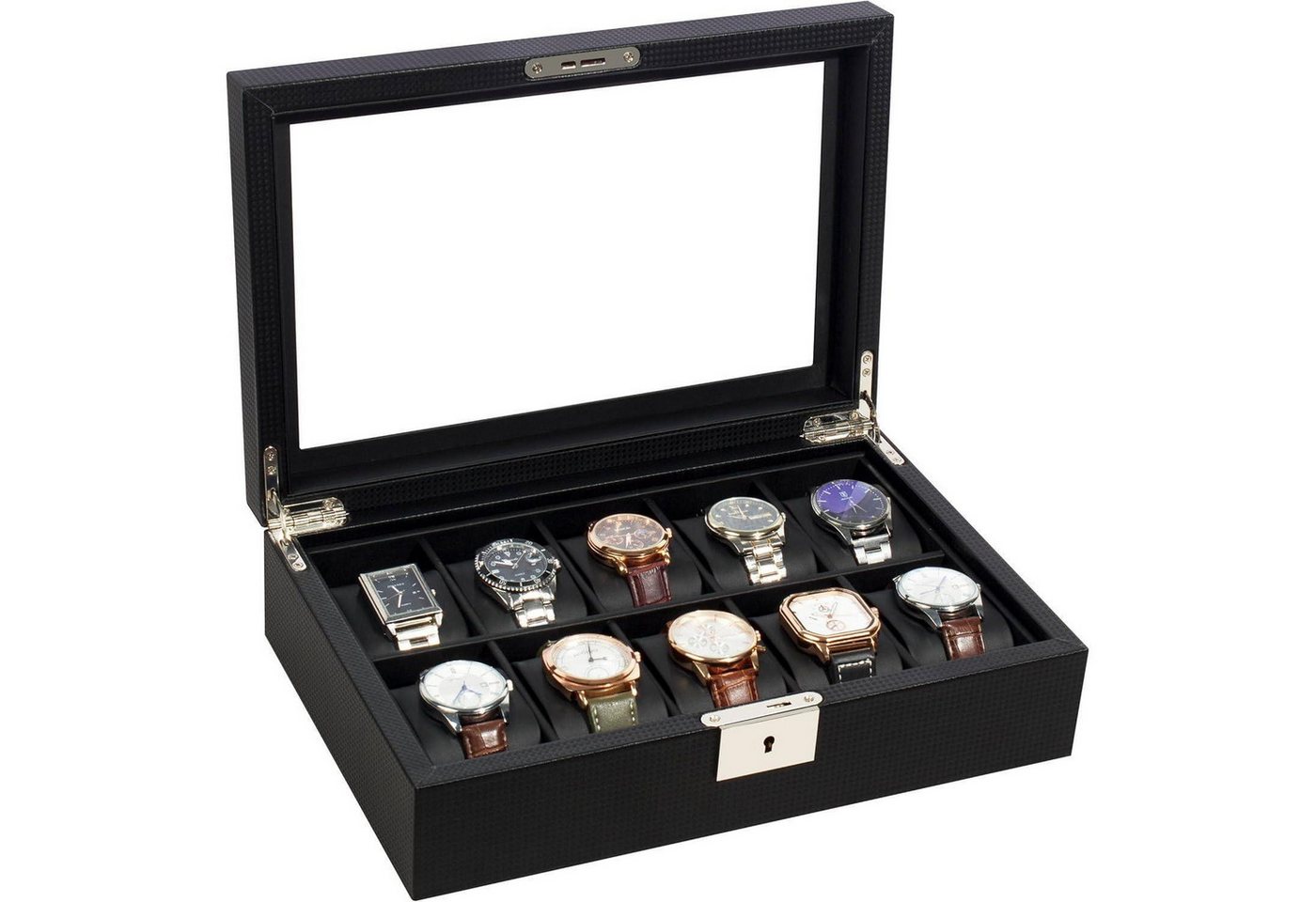 LuxusKollektion Schmuckset Uhrenbox 10 Fächer Glasdeckel Metallschloss Schlüssel Schwarz von LuxusKollektion