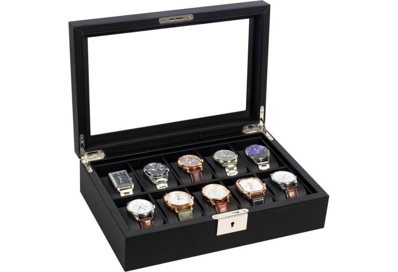LuxusKollektion Schmuckset Uhrenbox 10 Fächer Glasdeckel Metallschloss Schlüssel Schwarz von LuxusKollektion