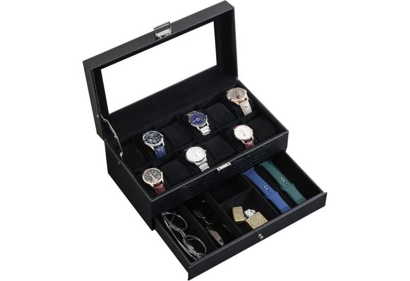 LuxusKollektion Schmuckset Uhrenbox 12 Fächer Glasdeckel Uhrenkissen 12-Slot Eidechsenschwarz von LuxusKollektion