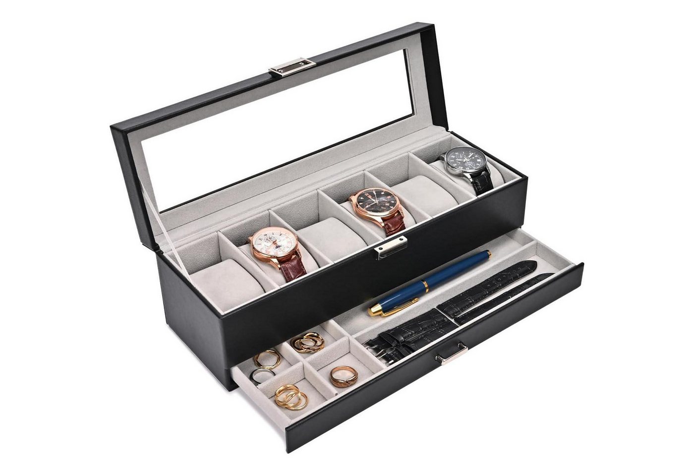 LuxusKollektion Schmuckset Uhrenbox 6 Fächer Glasdeckel 2 Ebenen Uhrenkissen 6-Slot Schwarz von LuxusKollektion