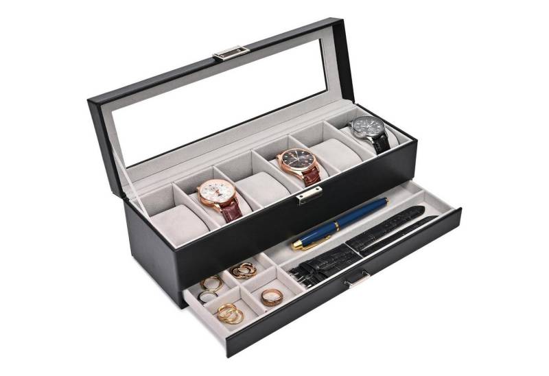 LuxusKollektion Schmuckset Uhrenbox 6 Fächer Glasdeckel 2 Ebenen Uhrenkissen 6-Slot Schwarz von LuxusKollektion