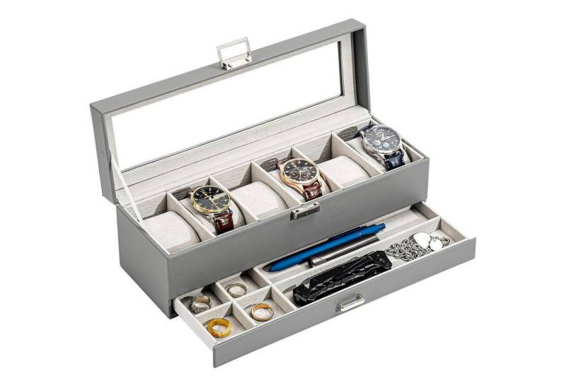 LuxusKollektion Schmuckset Uhrenbox 6 Fächer Glasdeckel 2 Ebenen Uhrenkissen Schmuck 6-Slot Grau von LuxusKollektion