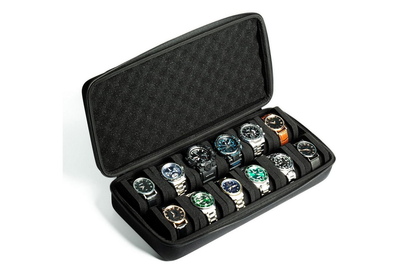 LuxusKollektion Schmuckset Uhrenetui Uhrenrollen Hartschale Schwarzer Stoff mit 12 Schlitzen von LuxusKollektion