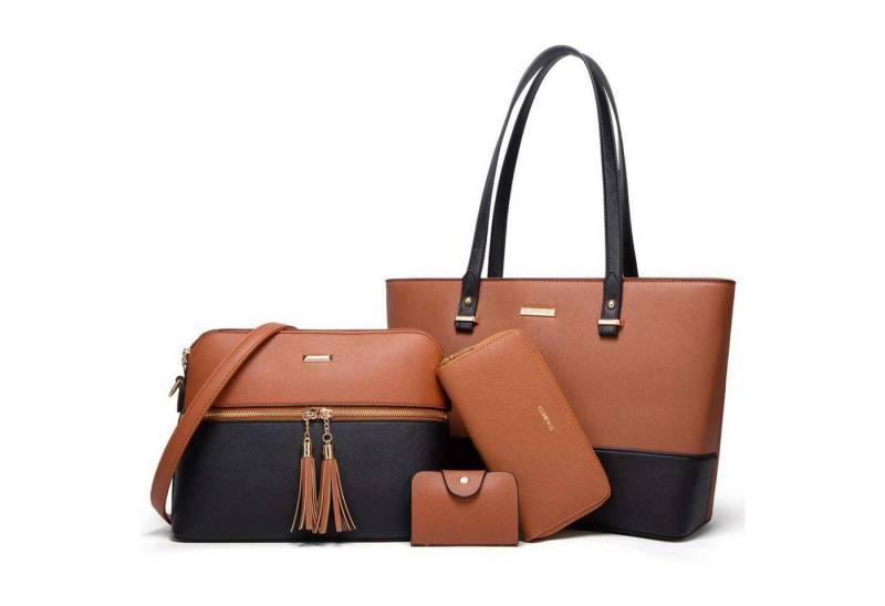 LuxusKollektion Shopper Handtasche Damen Shopper Tote Set Geldbörse Kartenhalter Braun-schwarz von LuxusKollektion