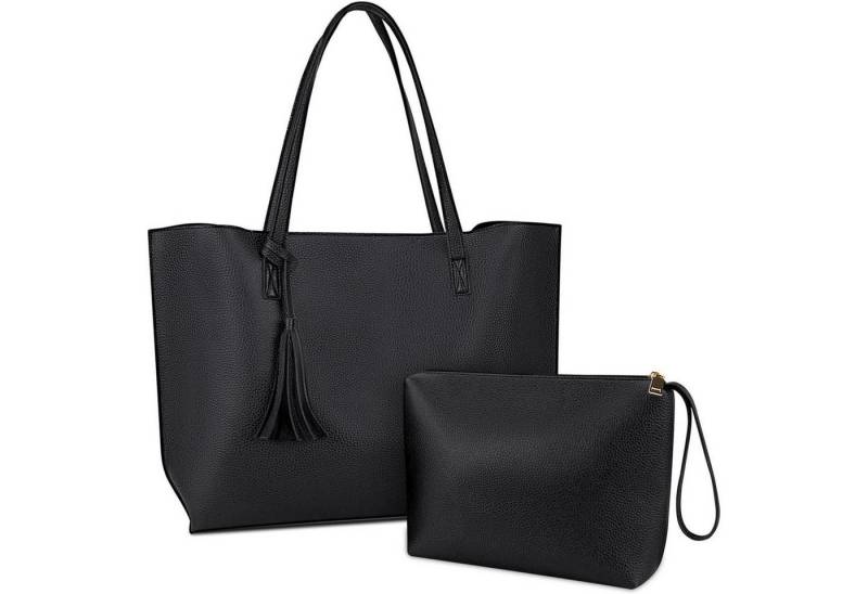 LuxusKollektion Shopper Schwarze Leder Handtasche Damen Shopper Henkeltasche Set von LuxusKollektion