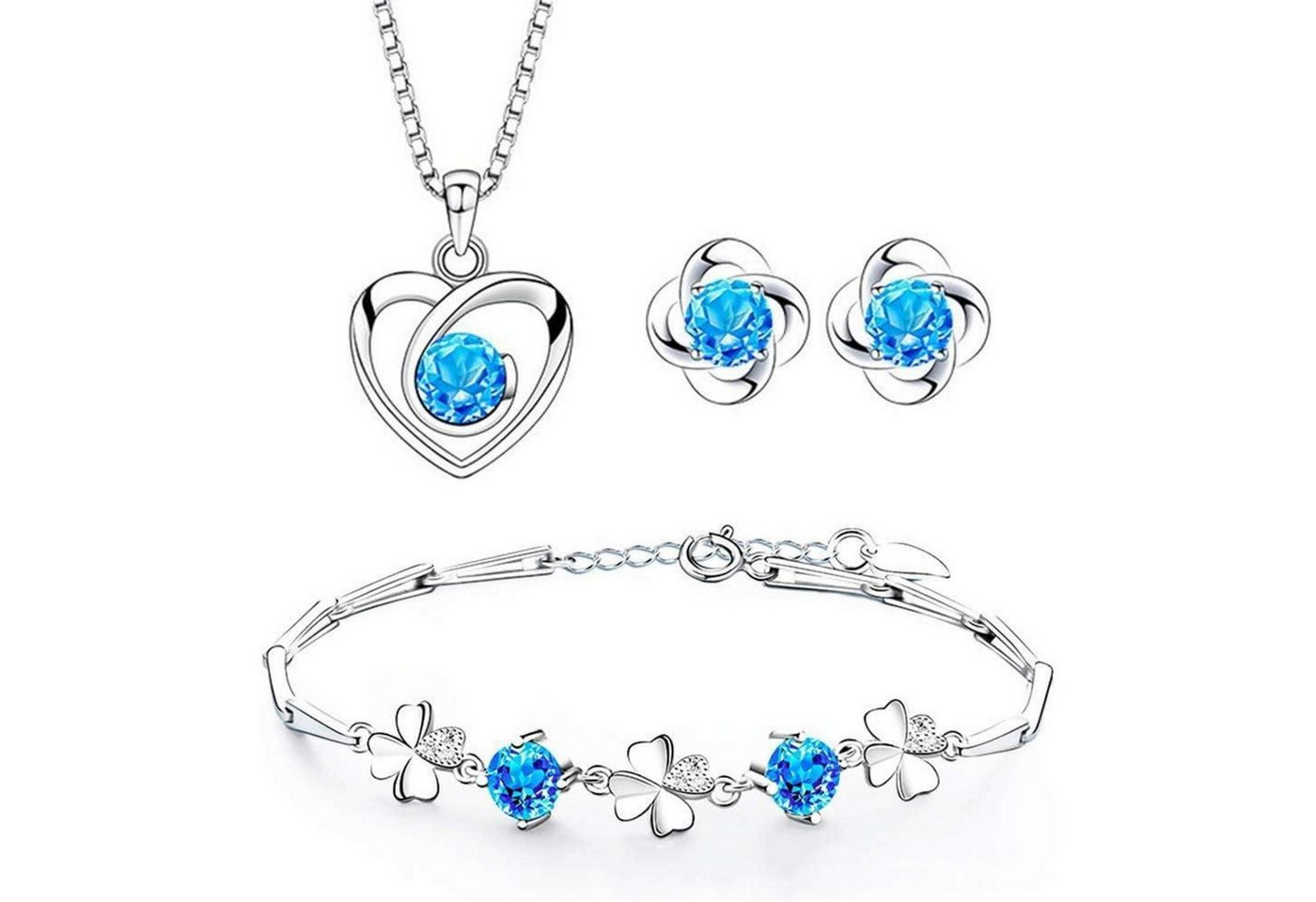 LuxusKollektion Silberring Schmuckset Damen Silber925 Halskette45cm Ohrringe Zirkonia Blau von LuxusKollektion