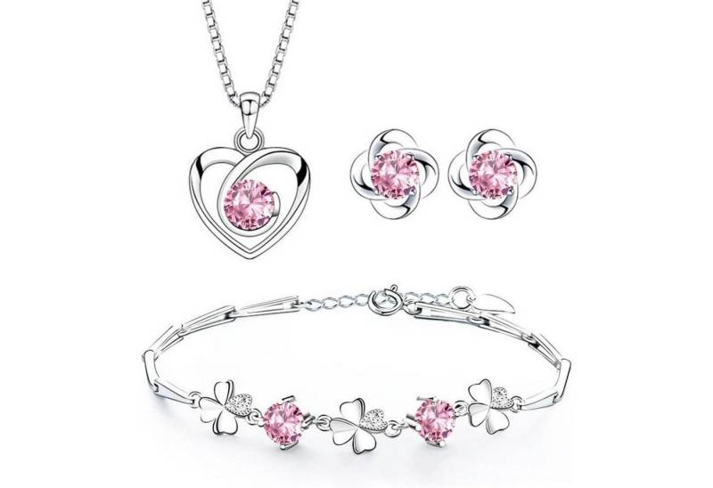LuxusKollektion Silberring Schmuckset Silber 925 Halskette Herz Ohrringe Klee Zirkonia Rosa von LuxusKollektion