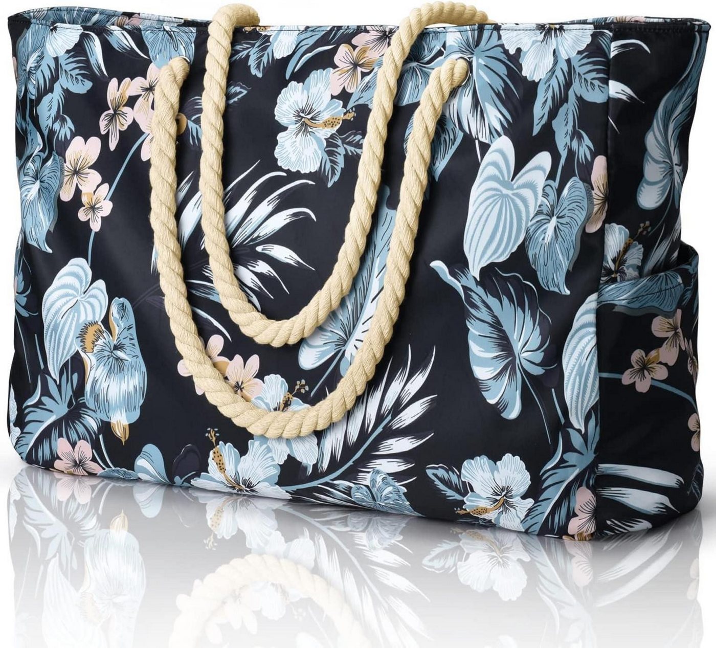 LuxusKollektion Strandtasche Strandtasche XXL Wasserdicht Schwarz Blume Schwimmbad Einkaufstasche von LuxusKollektion