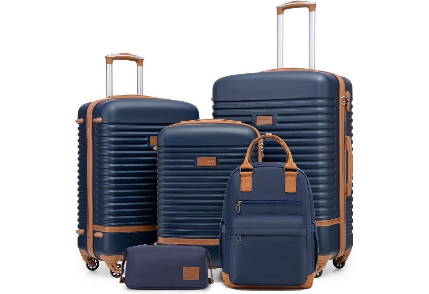 LuxusKollektion Trolleyset Koffer Trolley ABS Hartschale 4 Rollen TSA Koffer-Set 5tlg Blau Braun von LuxusKollektion