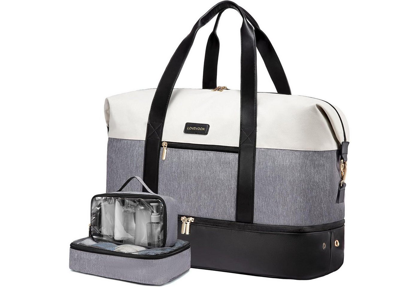 LuxusKollektion Weekender Reisetasche Damen 45L Weekender Beige+grau+schwarz 45x36x20cm von LuxusKollektion