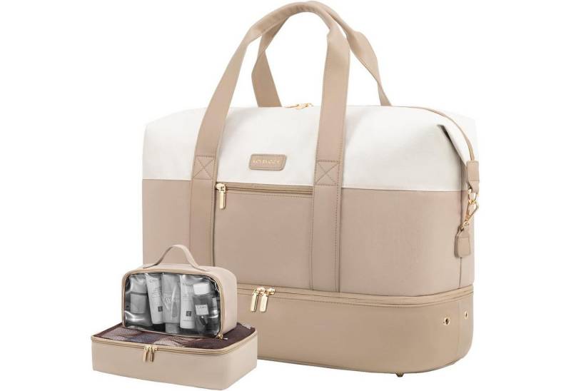 LuxusKollektion Weekender Reisetasche Damen Weekender Handgepäck Update-beige+khaki 45x36x20cm von LuxusKollektion