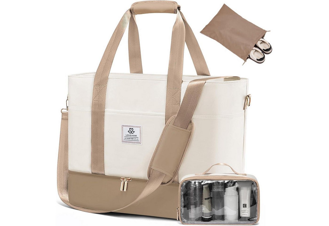 LuxusKollektion Weekender Reisetasche Wasserdicht Weekender Schuhfach Handgepäck 42L Beige+khaki von LuxusKollektion