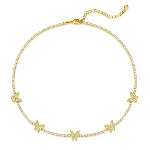 Luxval Tennis-Halskette, 14 Karat vergoldet, Strass, Schmetterling, Halskette für Damen, zierlicher Zirkonia-Schliff, künstliche Diamantkette, 3 mm, vergoldet, ohne Edelstein Luxval Tennis-Halskette, 14 Karat vergoldet, Strass, Schmetterling, Halskette für Damen, zierlicher Zirkonia-Schliff, künstliche Diamantkette, 3 mm, vergoldet, ohne Edelstein von Luxval