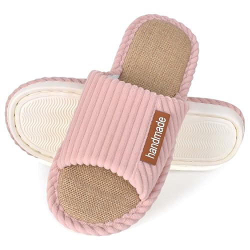Damen Hausschuhe mit Memory Foam - Herren Hausschuhe atmungsaktiv - Wohnschuhe waschbar rutschfest - Offene Pantoletten mit Baumwollleinen - Leichte Schlafzimmer Schuhe für Innen/Außen (Rose 37 38) von Luxvara
