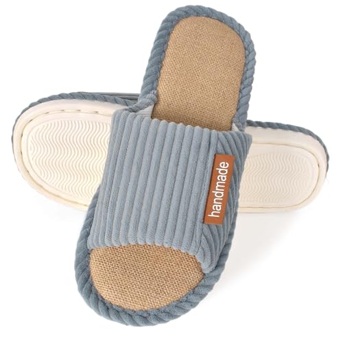 Herren Hausschuhe mit Memory Foam - Herren Hausschuhe atmungsaktiv - Wohnschuhe waschbar rutschfest - Offene Pantoletten mit Baumwollleinen - Leichte Schlafzimmer Schuhe für Innen/Außen (Grau 41 42) von Luxvara