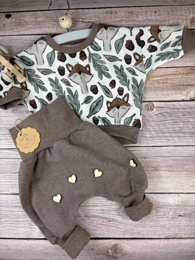 Baby Kinder Set Fuchs Pumphose Sweater Sweatshirt Babyhose Ribjersey Mitwachshose Babyset Babygeschenk Geburt Genderneutral Jersey Gr.56-80 von LuzieKunterbuntshop