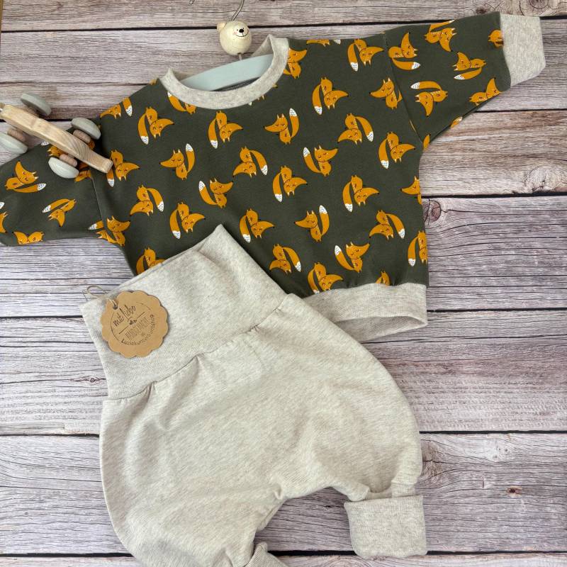 Baby Kinder Set Füchse Pumphose Sweater Sweatshirt Babyhose Mitwachshose Babyset Babygeschenk Geburt Genderneutral Jersey Gr.56-80 von LuzieKunterbuntshop