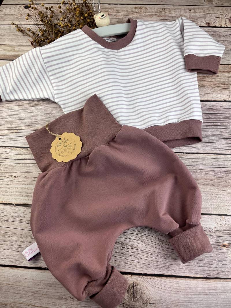 Baby Kinder Set Pumphose Sweater Gestreift Uni Sweatshirt Babyhose Mitwachshose Babyset Babygeschenk Geburtstag Jersey Gr.56-80 Babyparty von LuzieKunterbuntshop