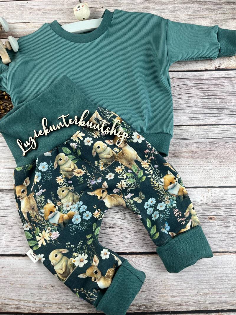 Baby Kinder Set Pumphose Waldtiere Rippjersey Sweater Sweatshirt Babyhose Mitwachshose Babyset Shirt Hose Babygeschenk Geburt Geburtstag von LuzieKunterbuntshop