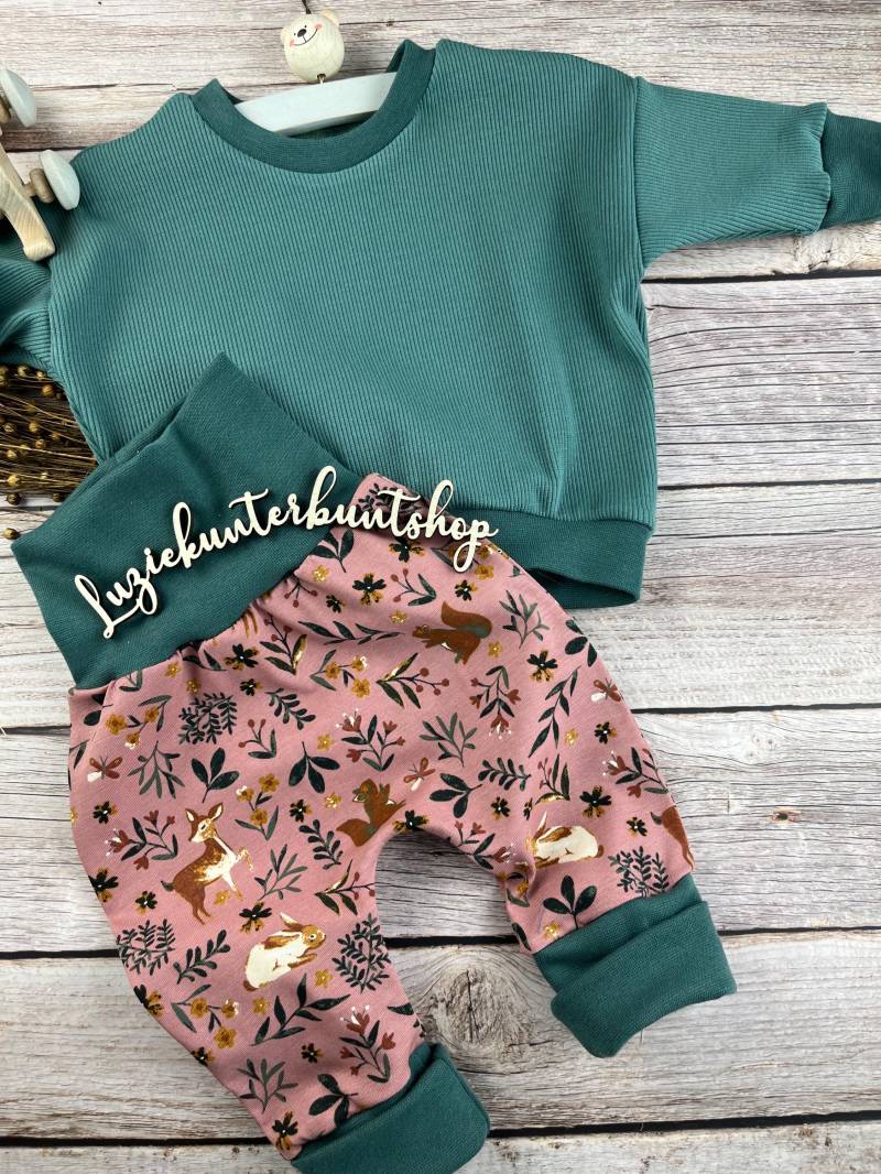 Baby Kinder Set Pumphose Waldtiere Rippjersey Sweater Sweatshirt Babyhose Mitwachshose Babyset Shirt Hose Babygeschenk Geburt Geburtstag von LuzieKunterbuntshop