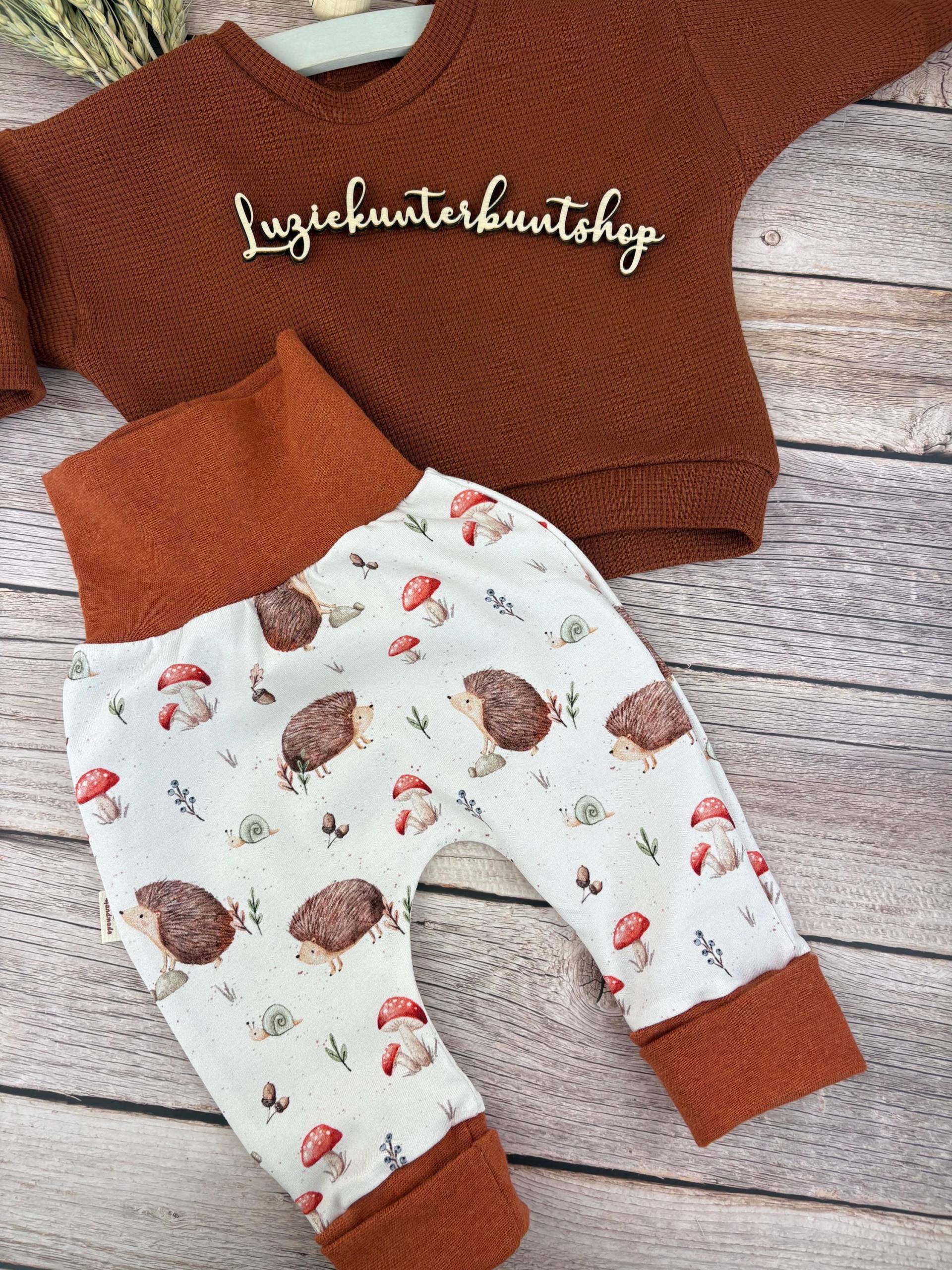 Baby Kinder Set Waldtiere Igel Pumphose Waffeljersey Sweater Sweatshirt Babyhose Babyshirt Babyset Babygeschenk Geburt Babykleidung von LuzieKunterbuntshop