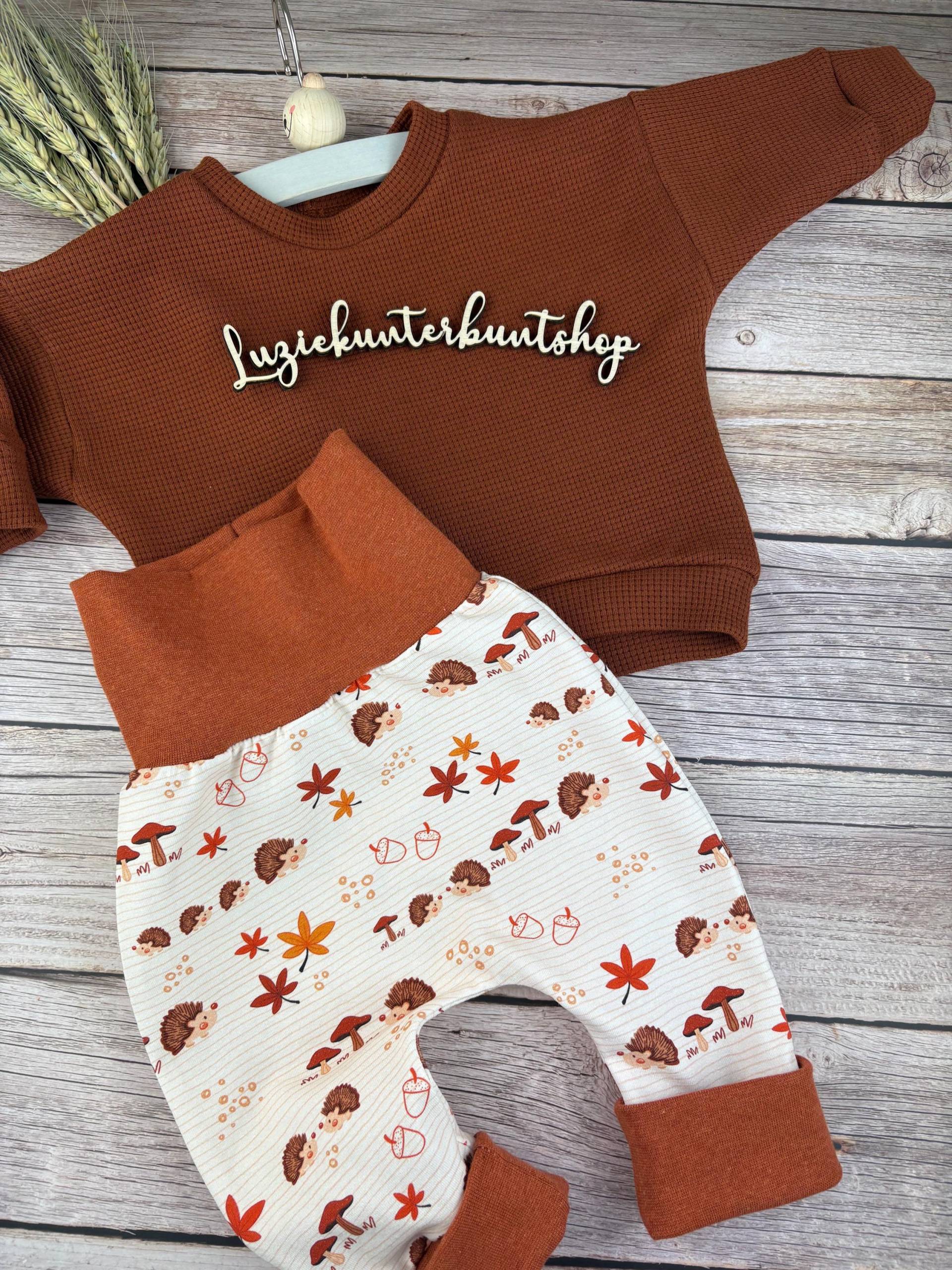Baby Kinder Set Waldtiere Igel Pumphose Waffeljersey Sweater Sweatshirt Babyhose Babyshirt Babyset Babygeschenk Geburt Babykleidung von LuzieKunterbuntshop